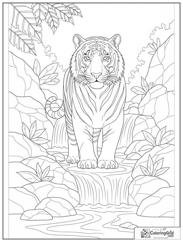 Tiger standing near a waterfall.
