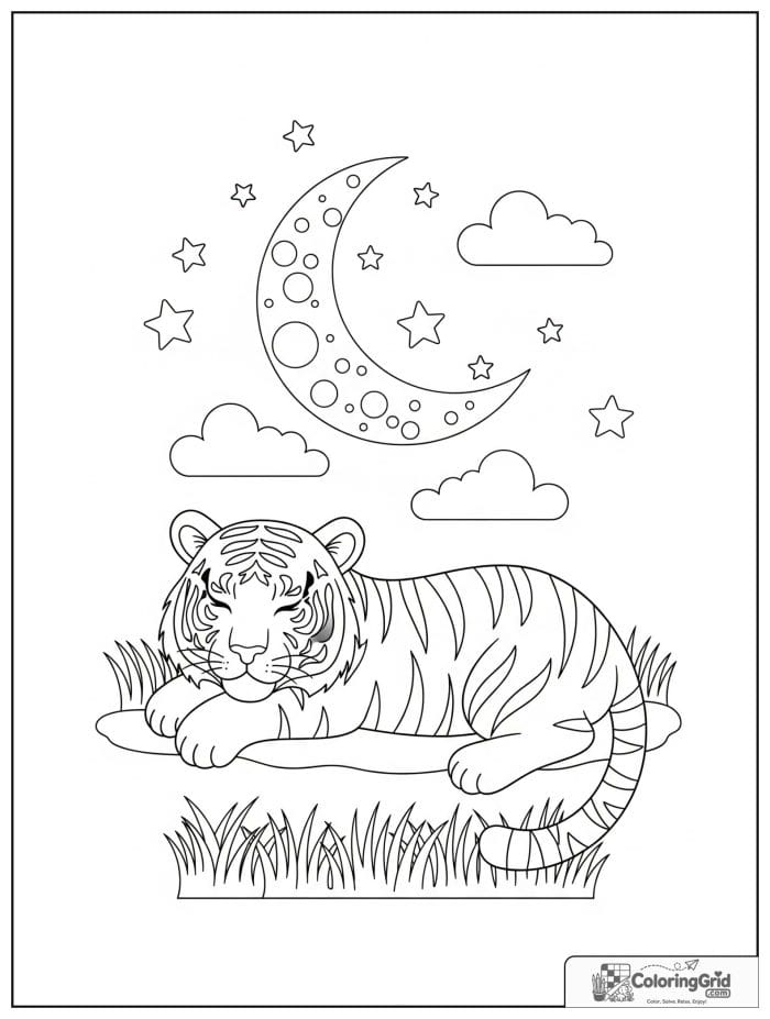Sleepy tiger under moon and stars.