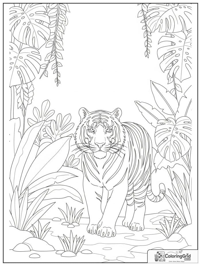 Tiger walking through jungle plants.