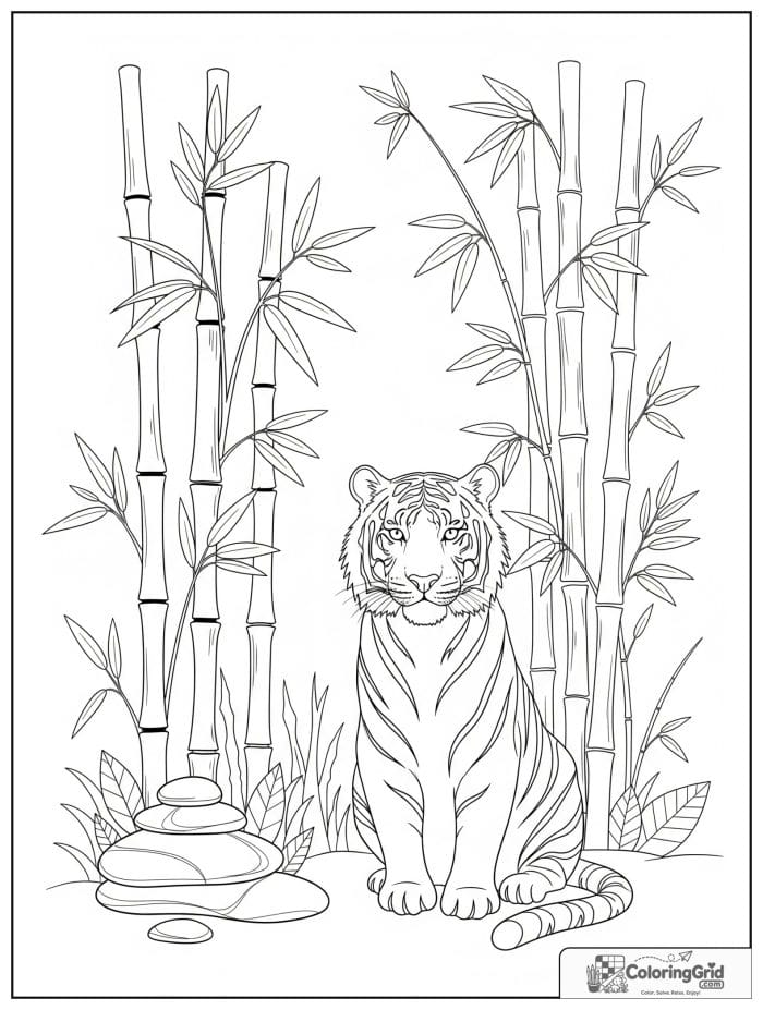 Calm tiger sitting beside bamboo plants.