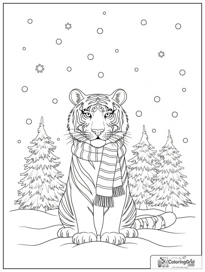 Cozy tiger wearing a scarf in snow.