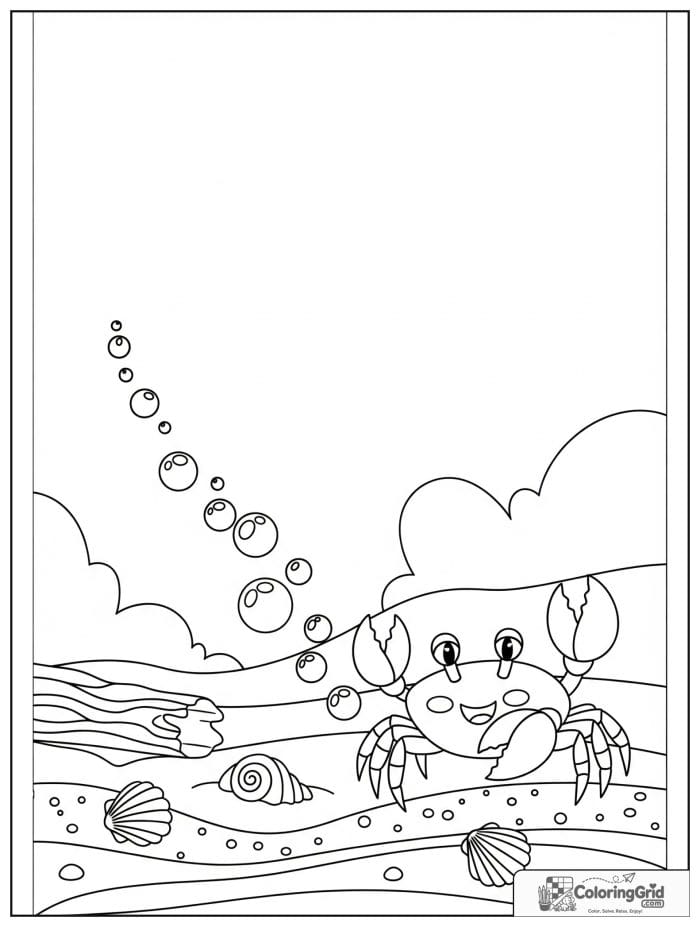 A tiny crab follows a trail of bubbles on wet sand with shells, wave lines, and driftwood nearby.