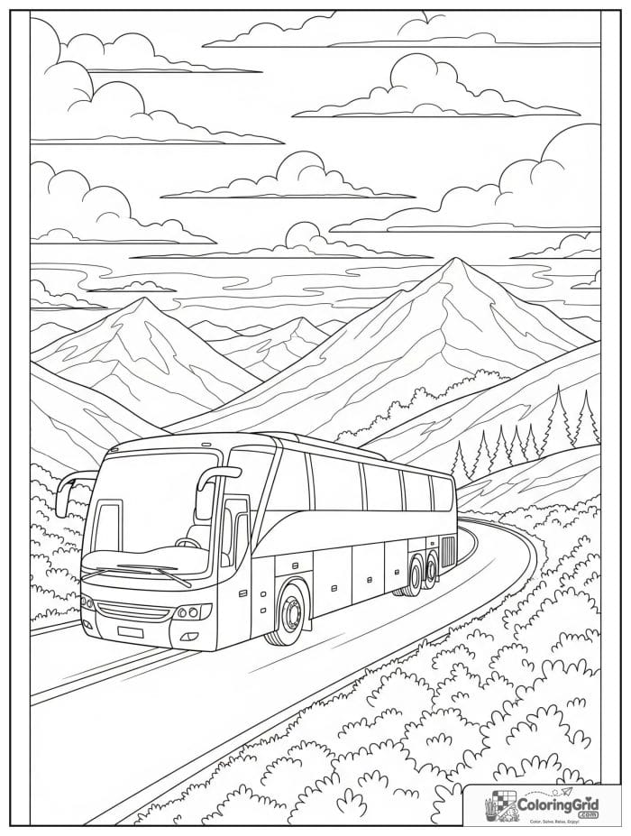 Tour bus on a mountain road for Bus Coloring Pages