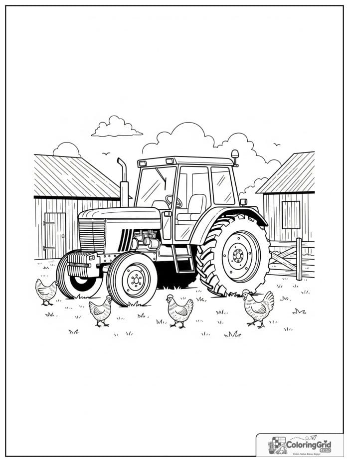 Tractor in a farmyard with chickens in simple line art.