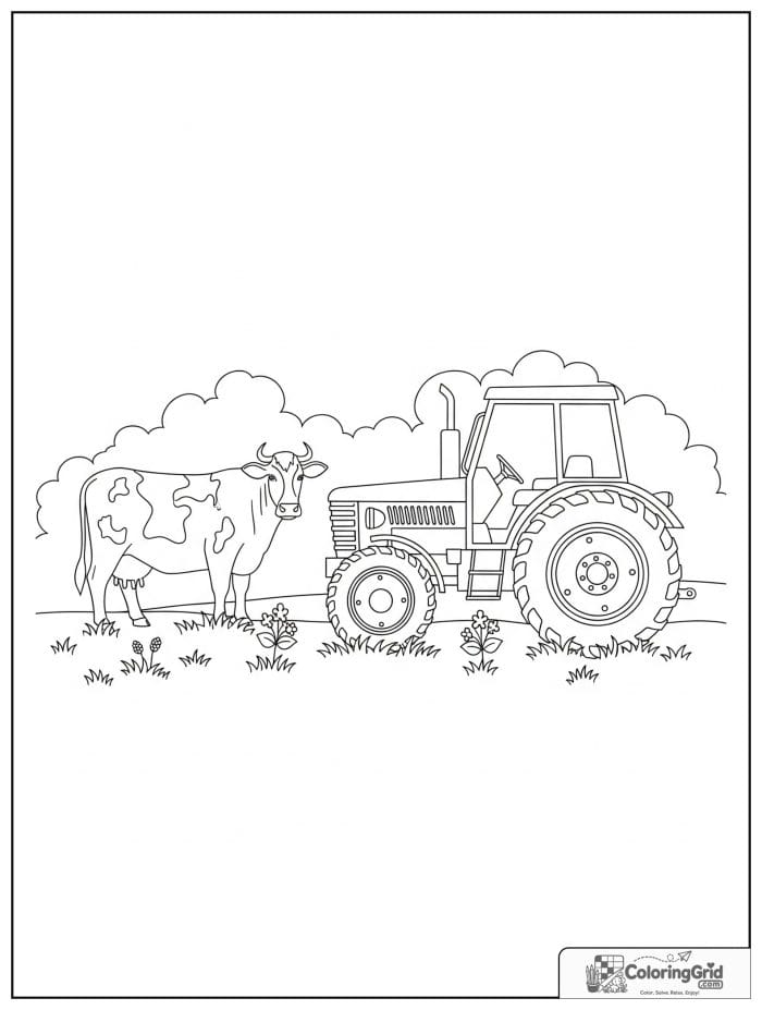 Tractor beside a cow in a peaceful pasture scene.