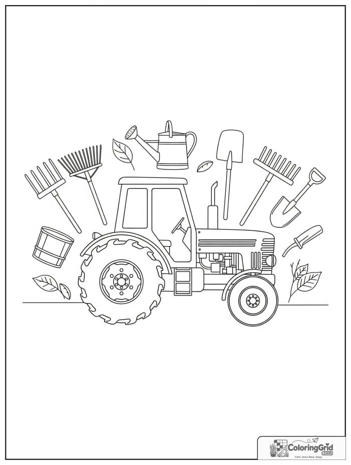 Tractor with farm tools arranged nearby in black and white artwork.