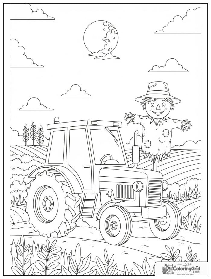 Tractor and scarecrow in a playful farm scene.