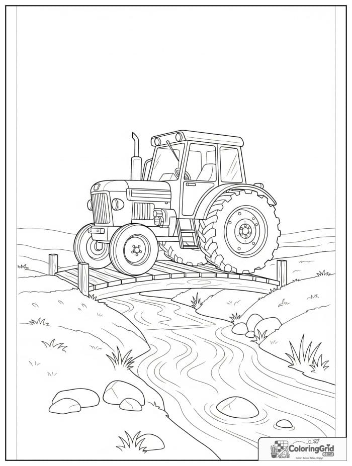 Tractor crossing a wooden bridge over a stream in line art.