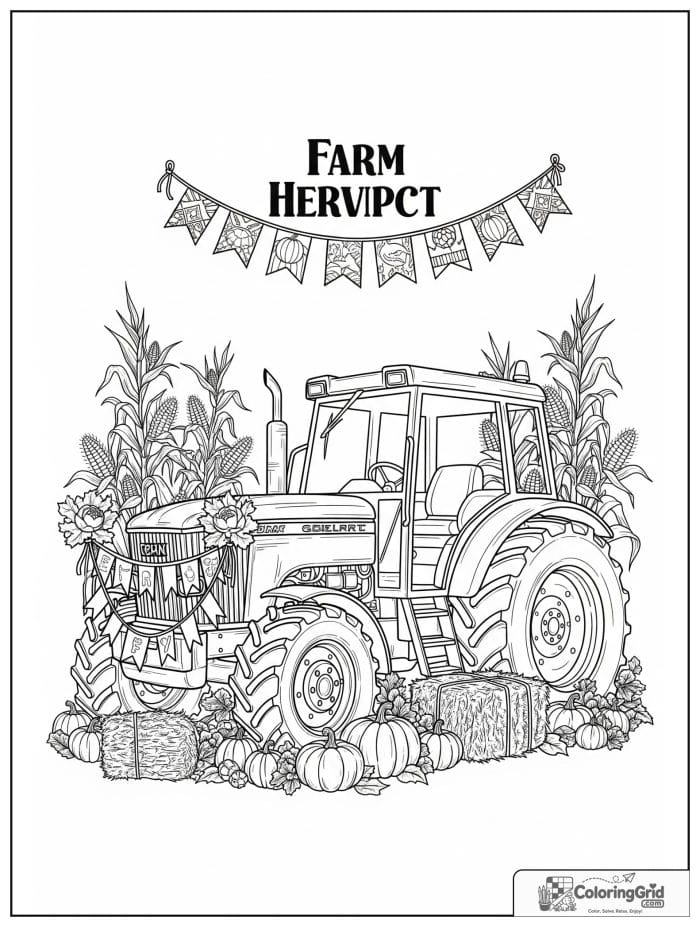 Tractor decorated for a harvest festival in black and white line art.