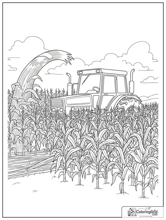 Tractor near corn rows during harvest in black and white line art.