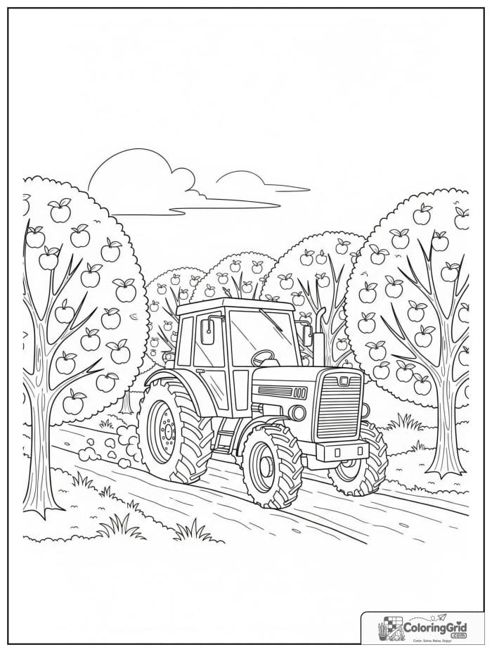 Tractor moving through an apple orchard with fruit trees.
