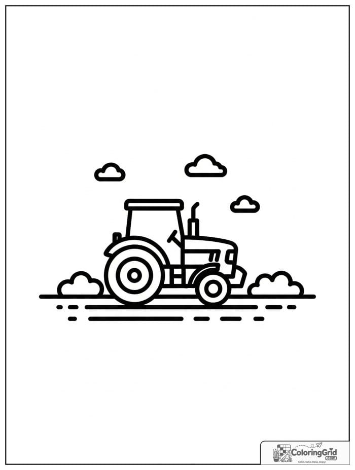 Tractor driving in an open farm field with simple background details.