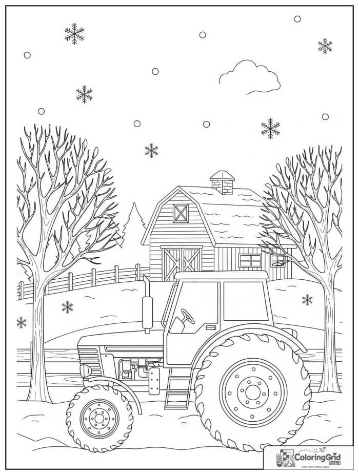 Tractor on a winter farm with snowflakes and a barn.