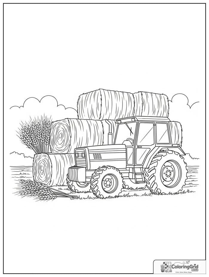 Tractor beside stacked wheat bales in harvest line art.