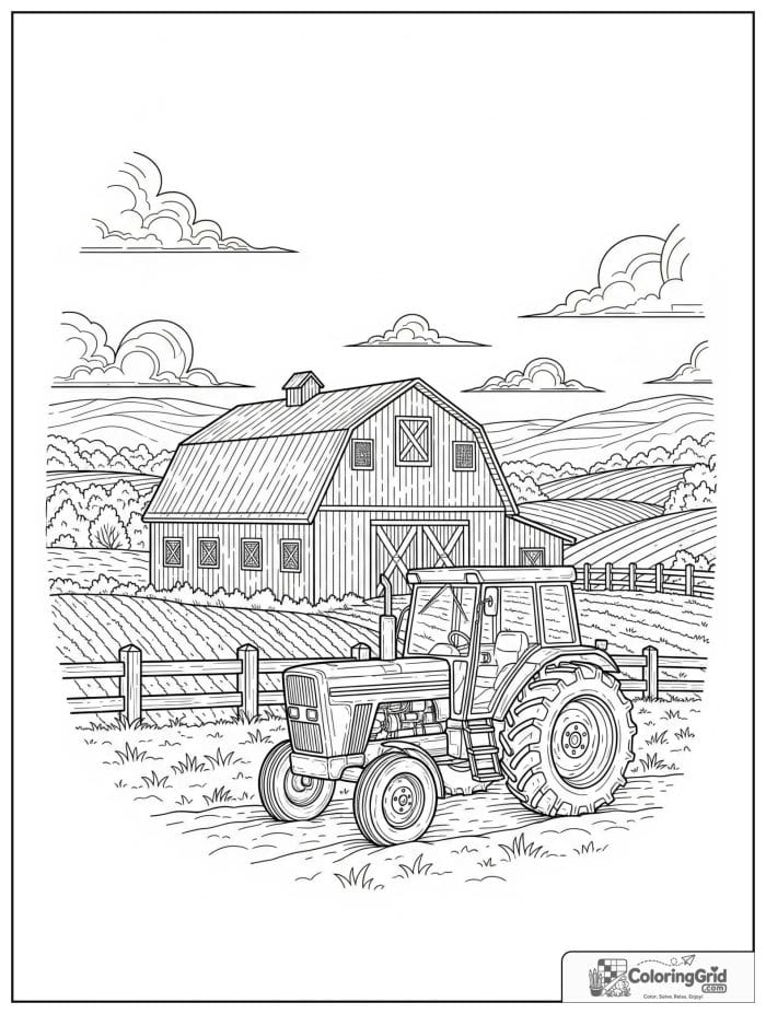 Tractor in front of a large barn with a detailed farm landscape.