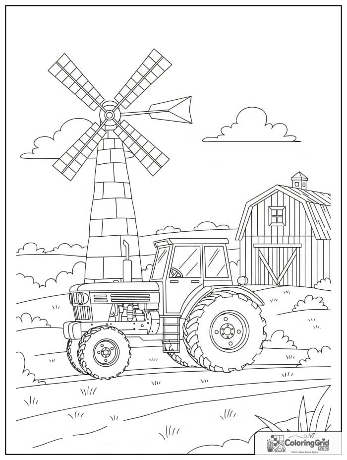 Tractor on a farm with a windmill in the background.