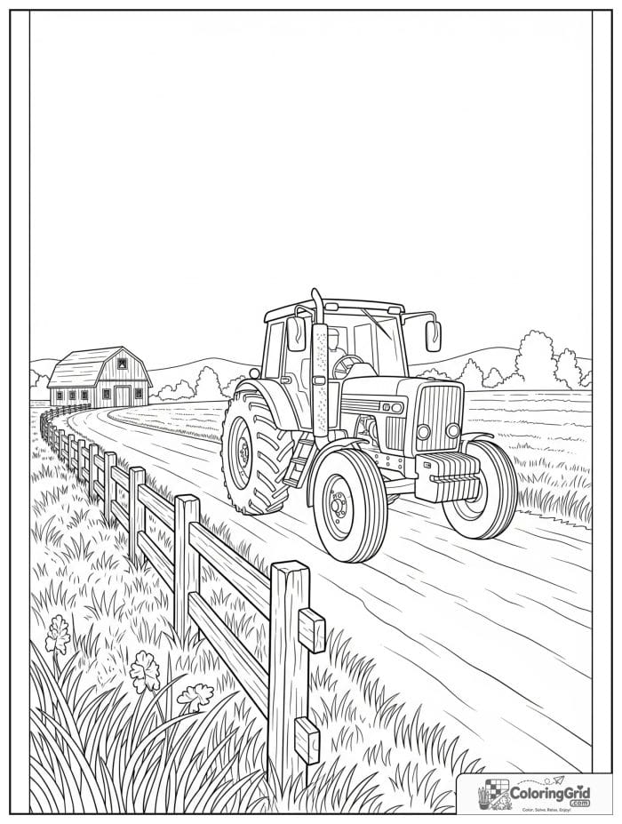 Tractor driving on a country road with rural scenery.