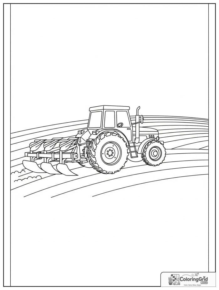 Tractor plowing a field with visible soil lines in line art.