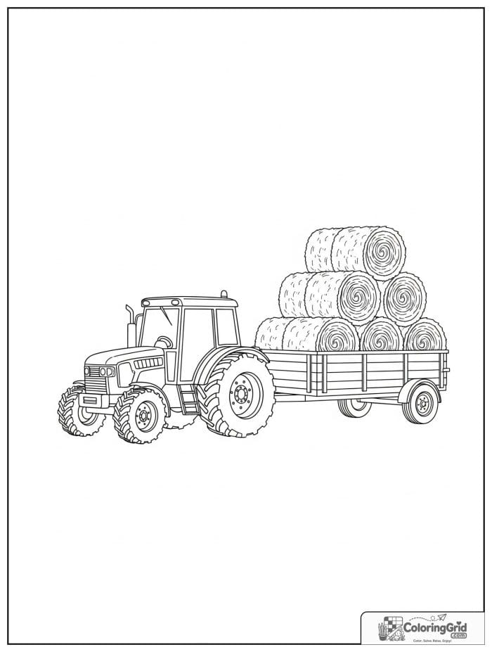 Tractor pulling a hay trailer in black and white artwork.