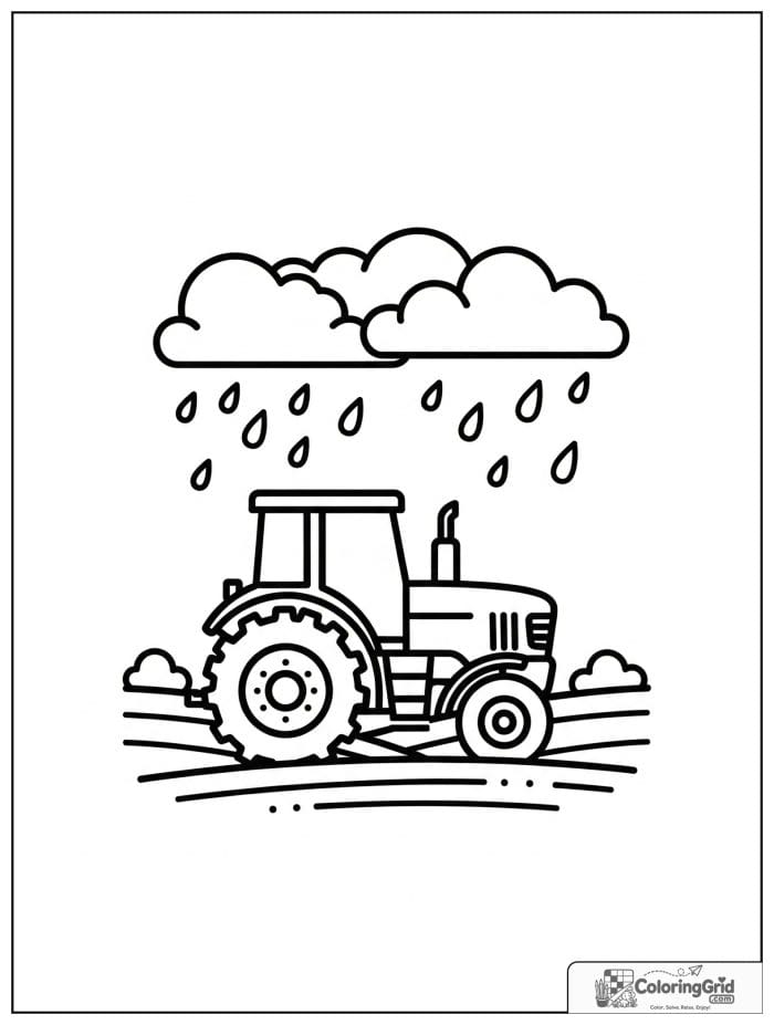 Tractor under rainy clouds in a simple farm scene.