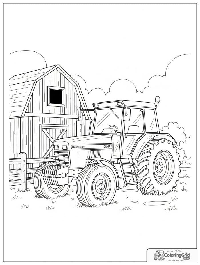 Tractor parked beside a barn and fence in line art.