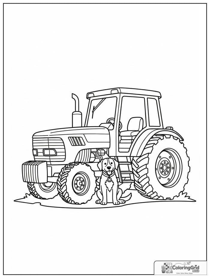 Tractor with a happy farm dog beside it in line art.
