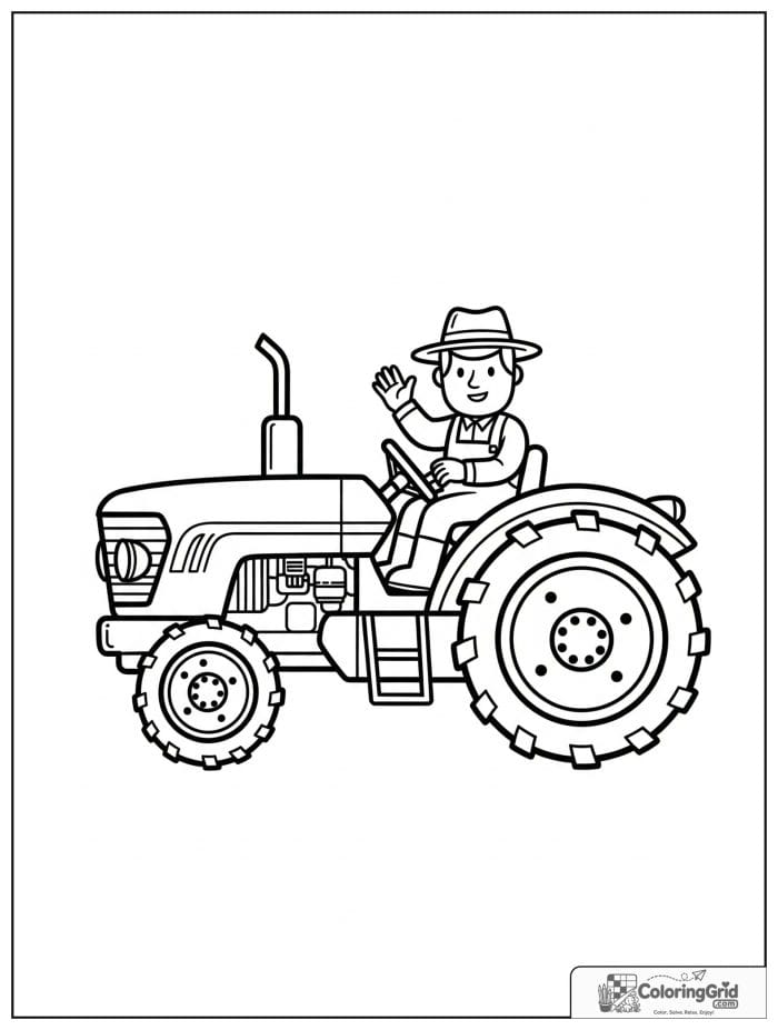 Farmer waving while riding a tractor in simple line art.