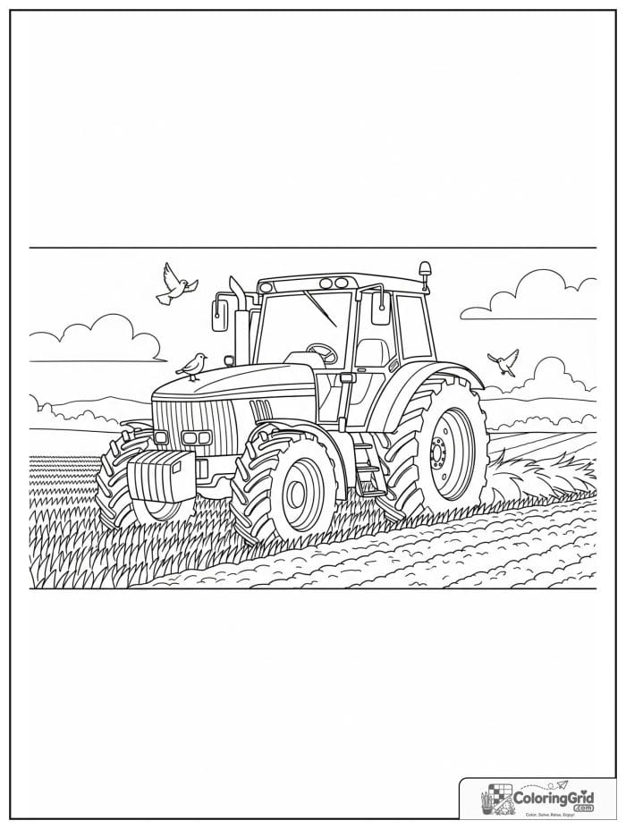 Tractor in a field with little birds in black and white artwork.