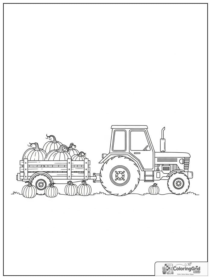 Tractor with pumpkins during harvest time in line art.