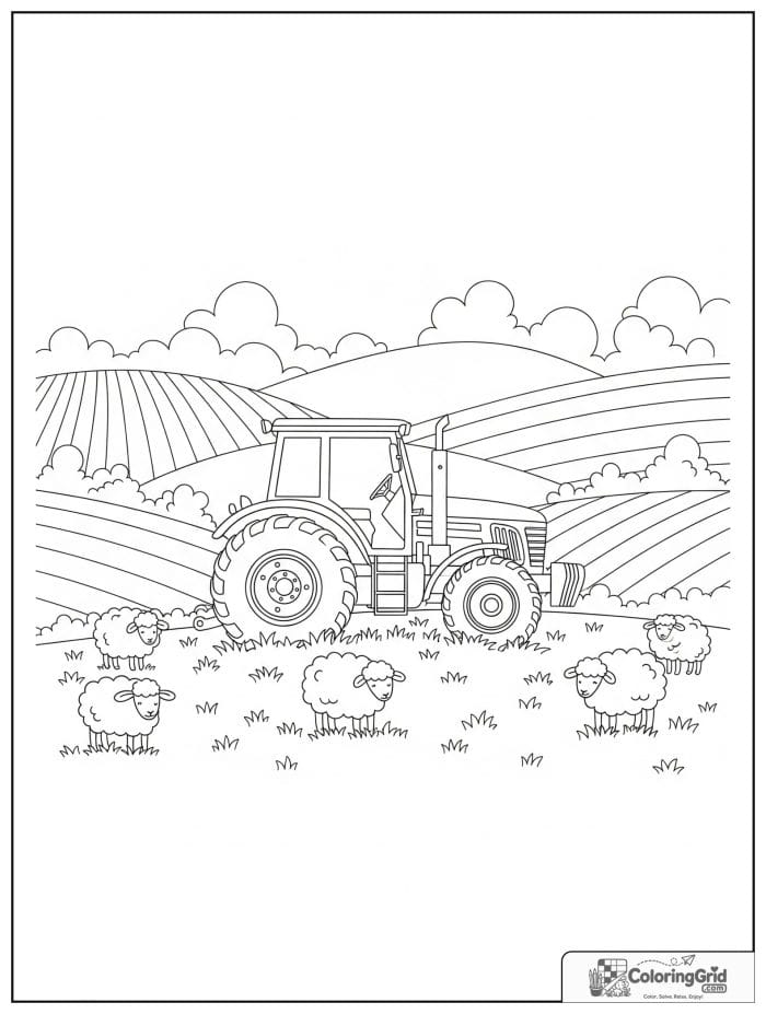 Tractor in a hilly field with sheep in black and white artwork.