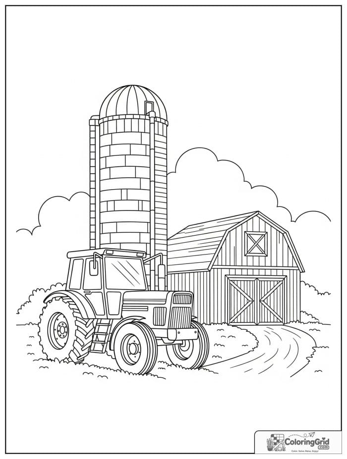 Tractor parked near a farm silo in clean line art.