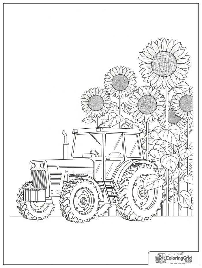 Tractor near tall sunflowers in black and white artwork.