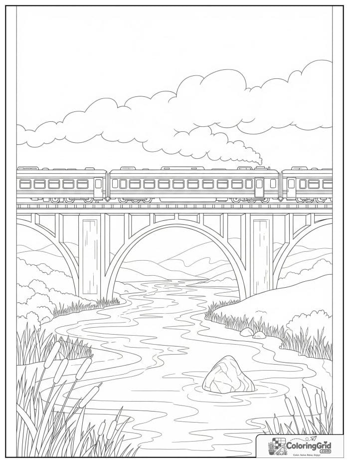 Train on an arched bridge over a river in black and white.