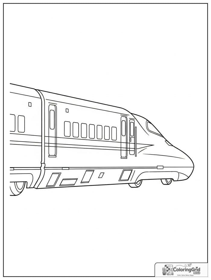 Bullet train side view in black and white line art.