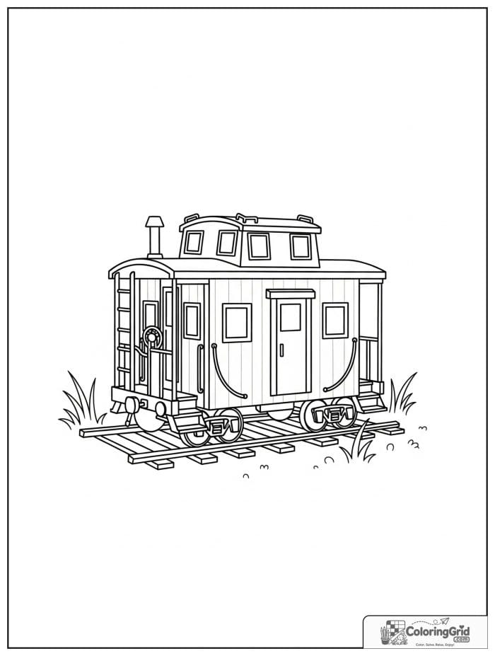 Caboose train car in black and white artwork.