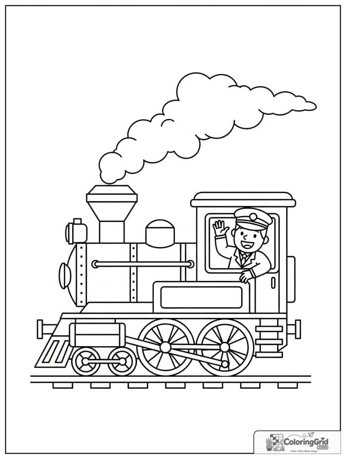 Train conductor waving from the cabin in black and white.