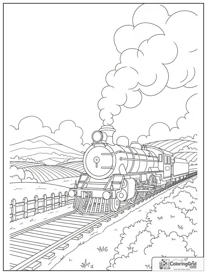 Steam train in the countryside in black and white artwork.