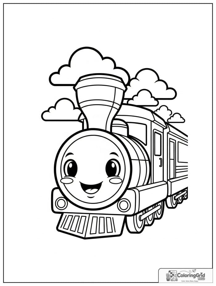 Cute smiling cartoon train in black and white.