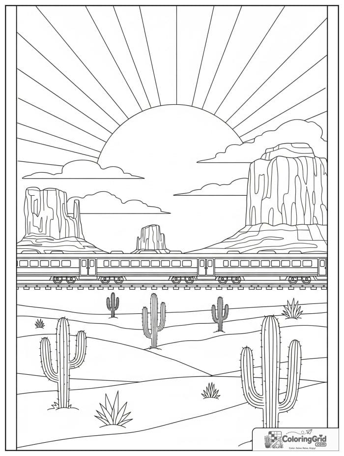 Train in a desert scene in black and white line art.