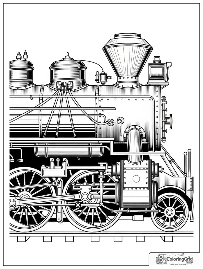 Detailed steam engine close-up in black and white line art.