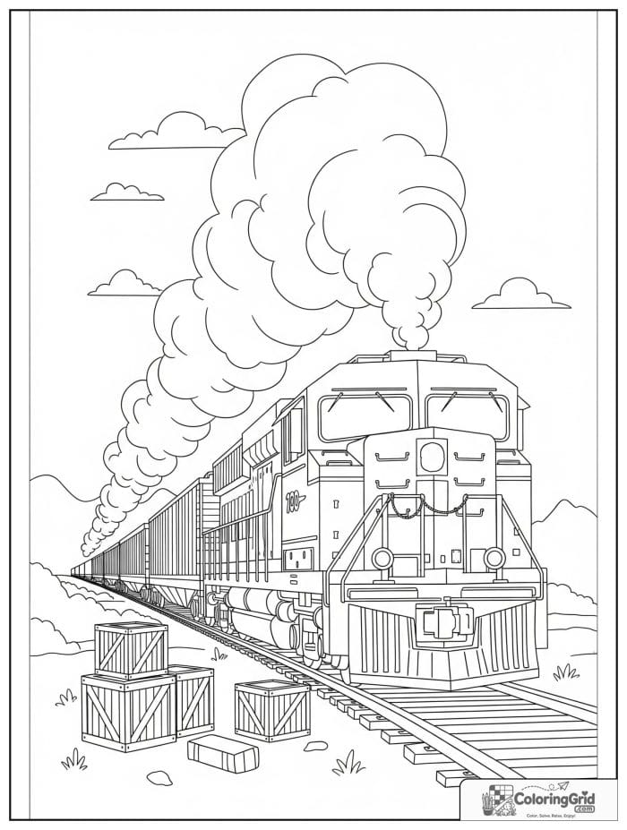 Freight train with boxcars in black and white line art.