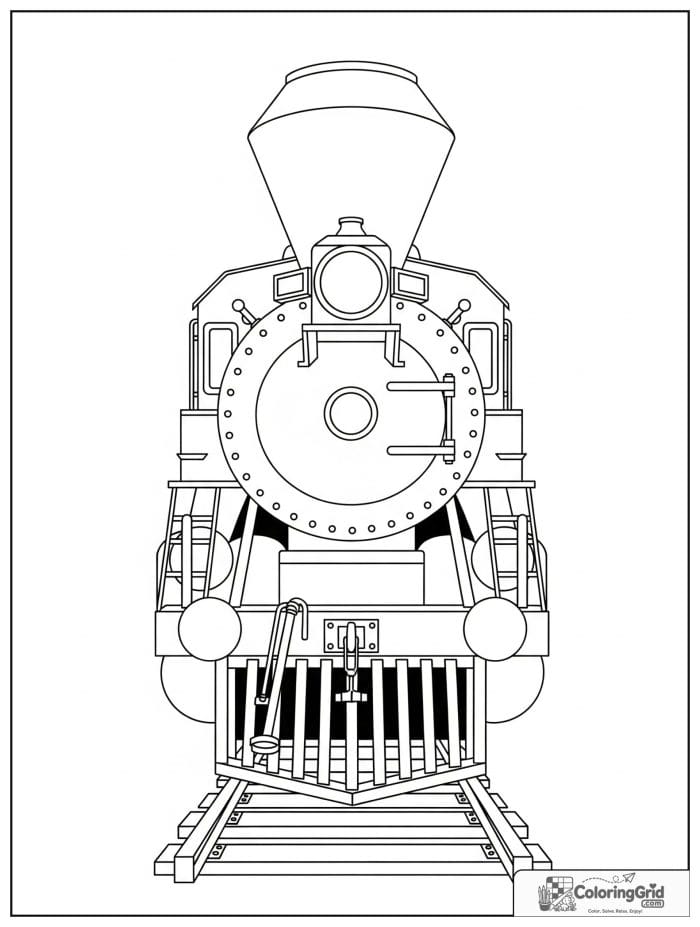 Front view locomotive in black and white artwork.