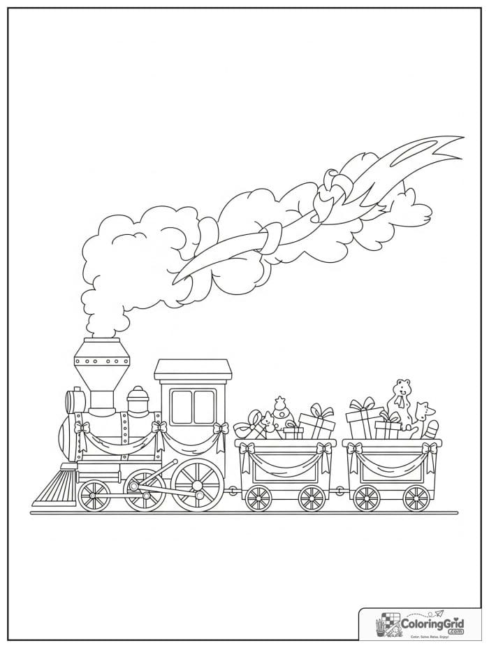 Festive holiday train in black and white line art.