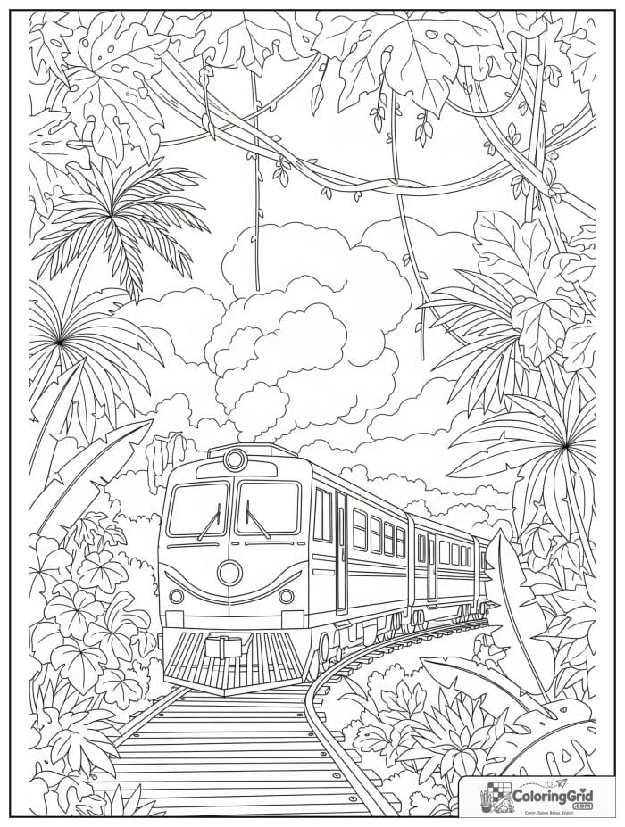Train in a jungle setting in black and white artwork.