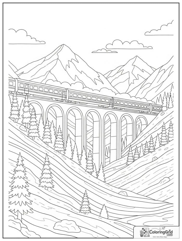 Train crossing a mountain bridge in black and white line art.