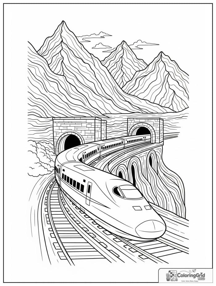 Bullet train through a mountain pass in black and white.