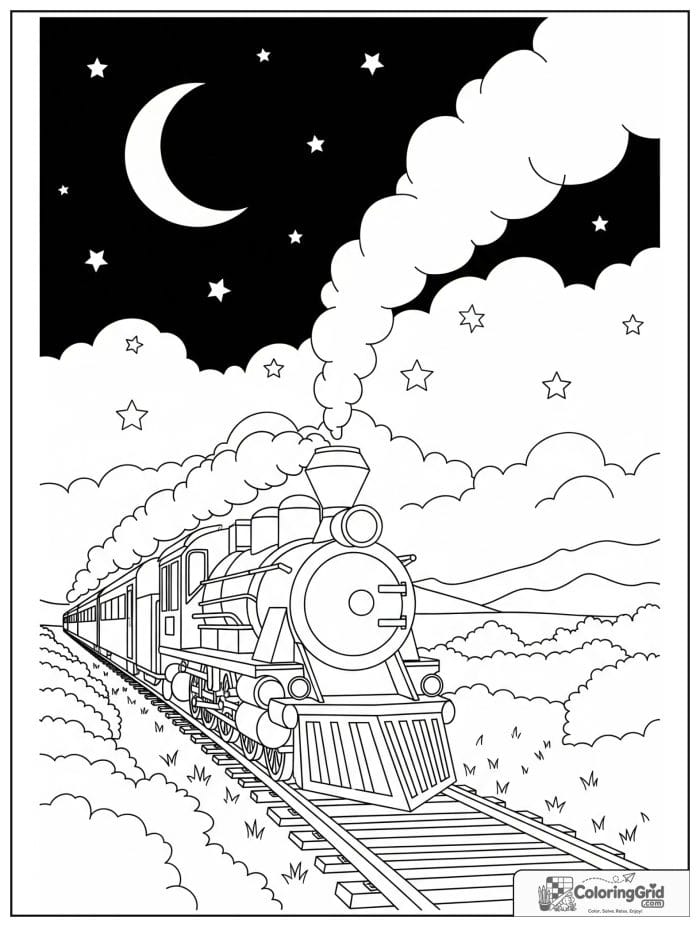 Night train under stars in black and white artwork.