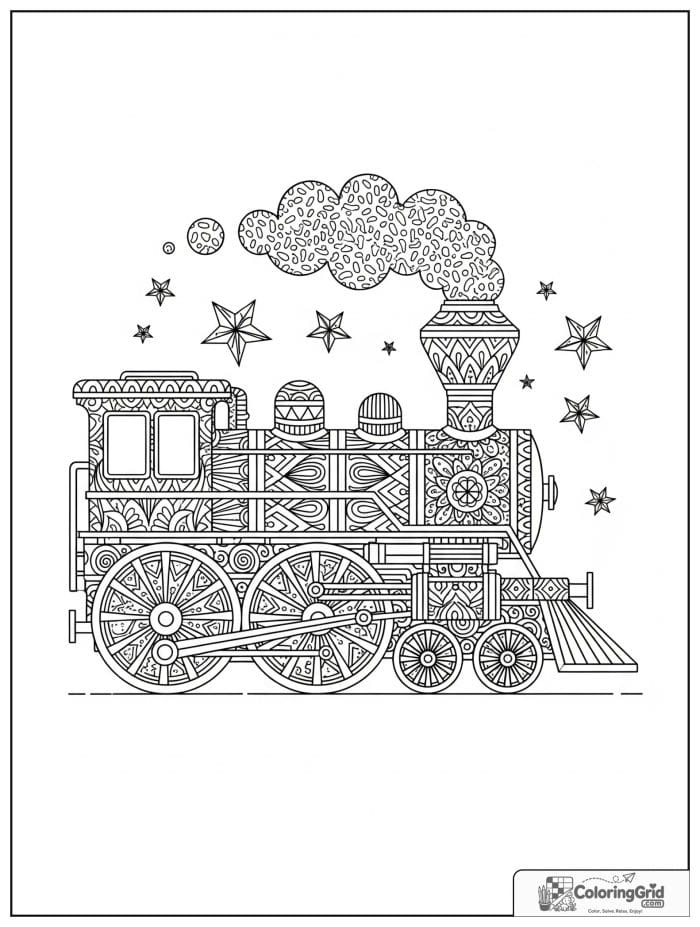 Decorative patterned train engine in black and white.