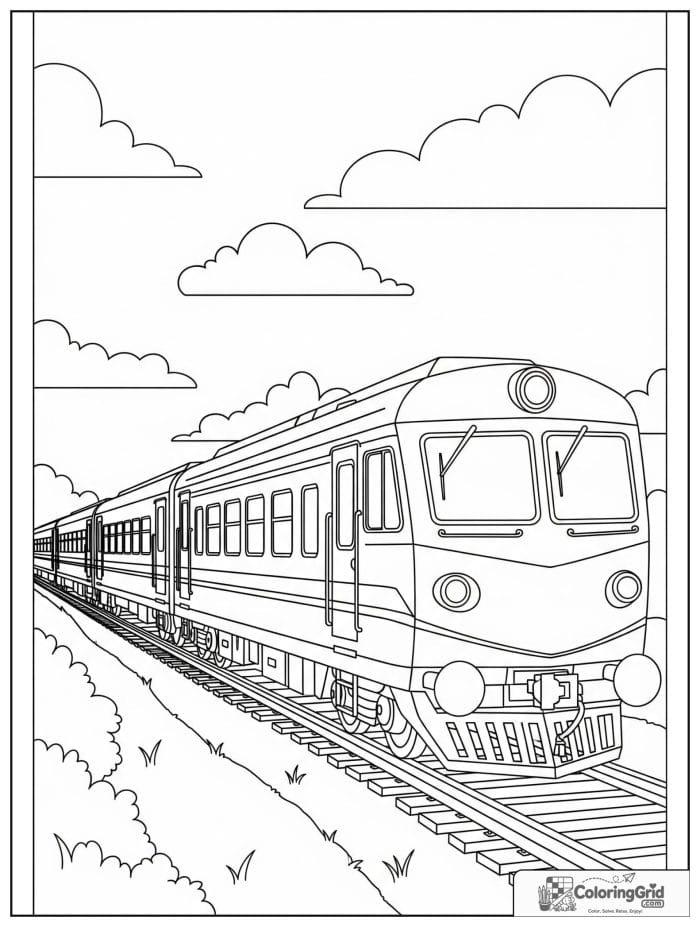 Passenger train on railway tracks in black and white artwork.