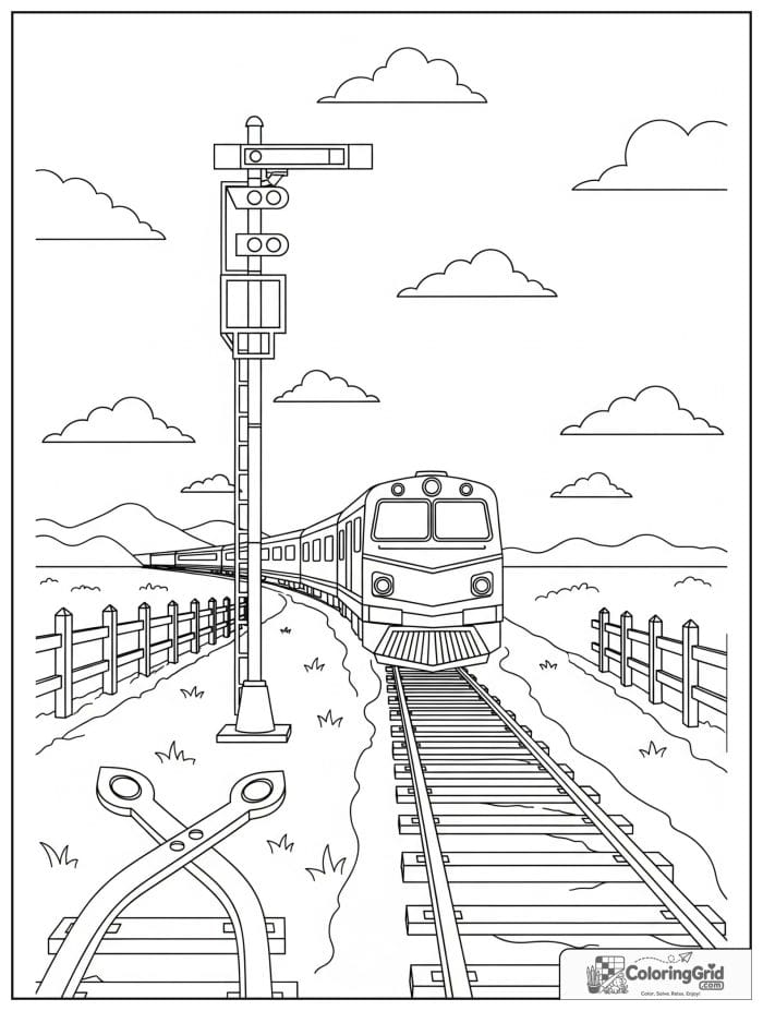Train near a railway signal in black and white artwork.